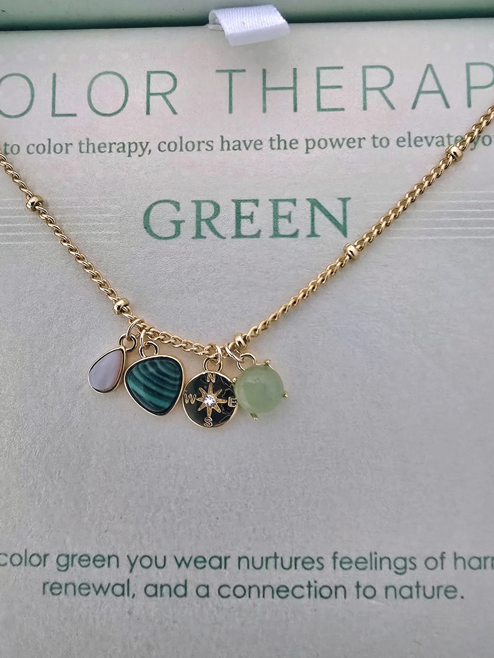 Gold‎ Charm Necklace with Green, Light Purple, and Jade Accents